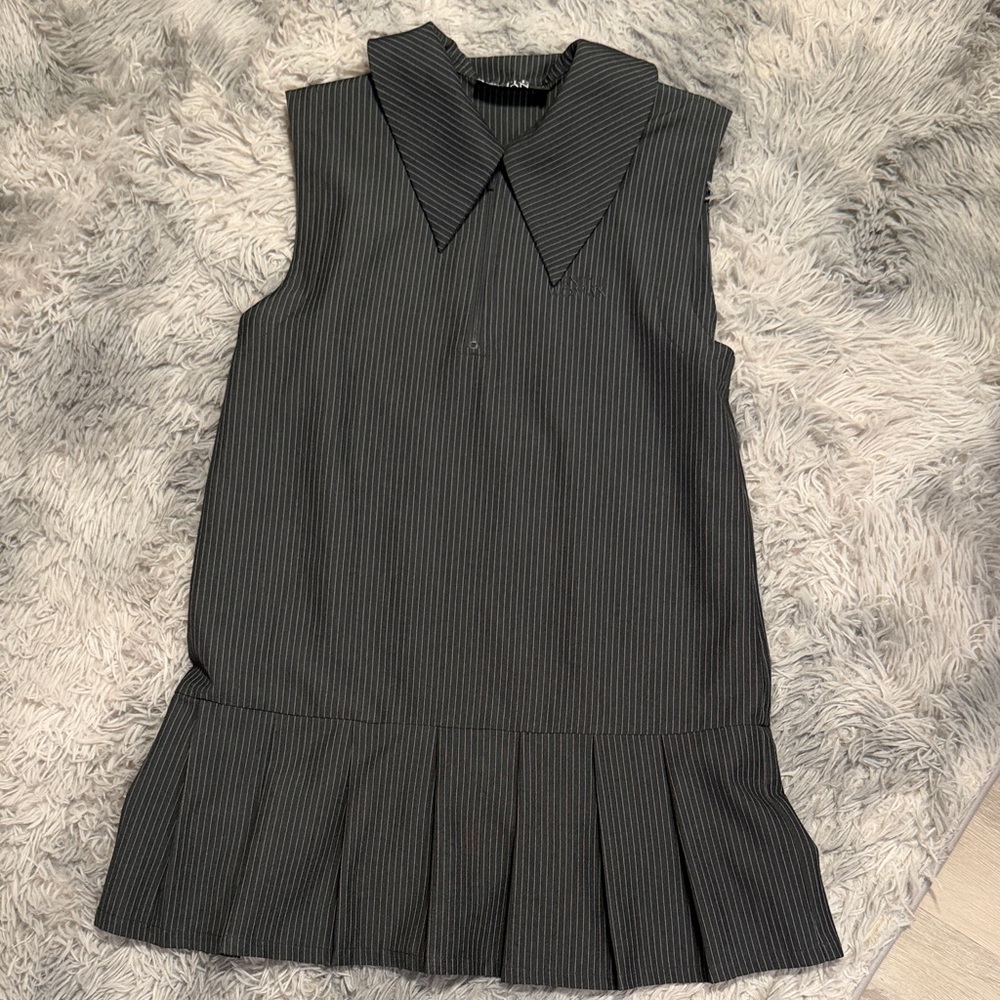 Sleeveless Pinstripe Mini Dress with Pleated Hem - Black